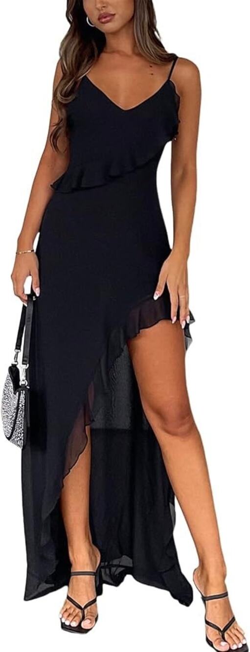 White Fox End Of The Road Maxi Dress M Black Ruffle High Slit Backless V Neck